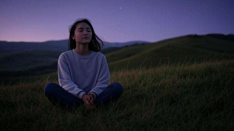 Person meditating on a grassy hill under a starry sky for guided visualization.