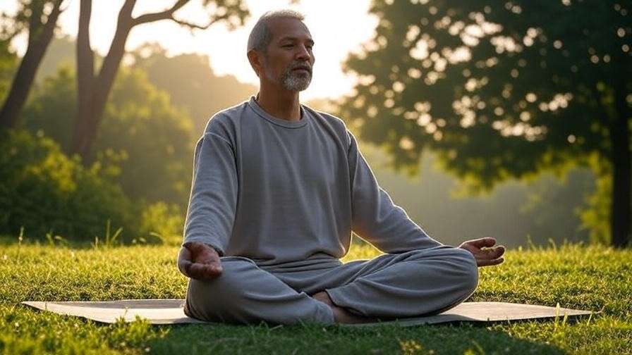Veteran practicing yoga outdoors for sleep apnea management and well-being.