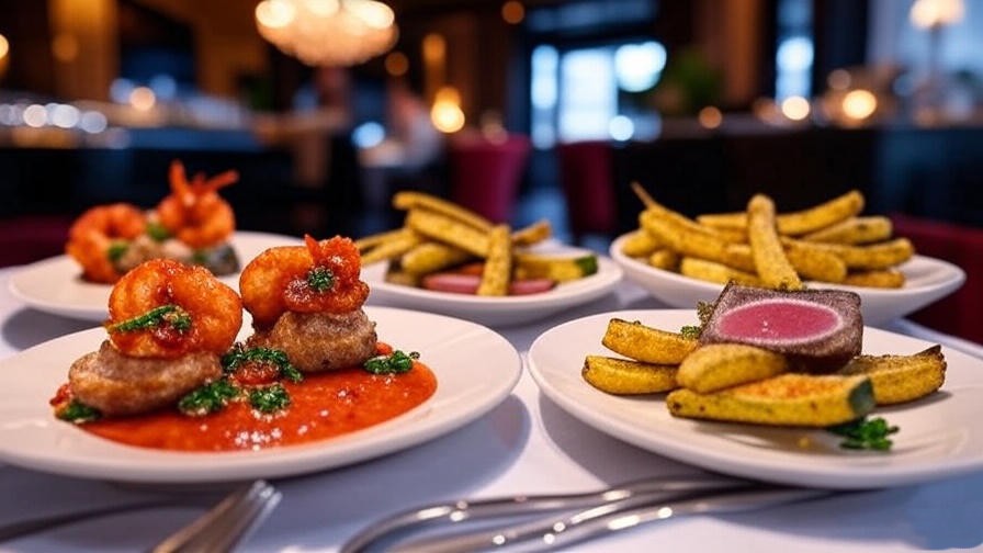 Elegant Ruth’s Chris happy hour appetizers like spicy shrimp and seared ahi tuna on a table with warm lighting