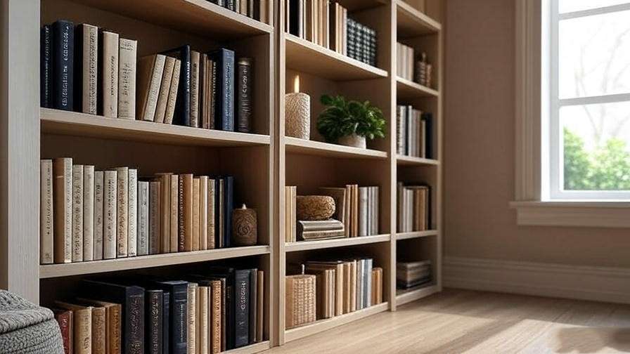 Bookshelf with meditation books, candle, and plant for TM practice selection