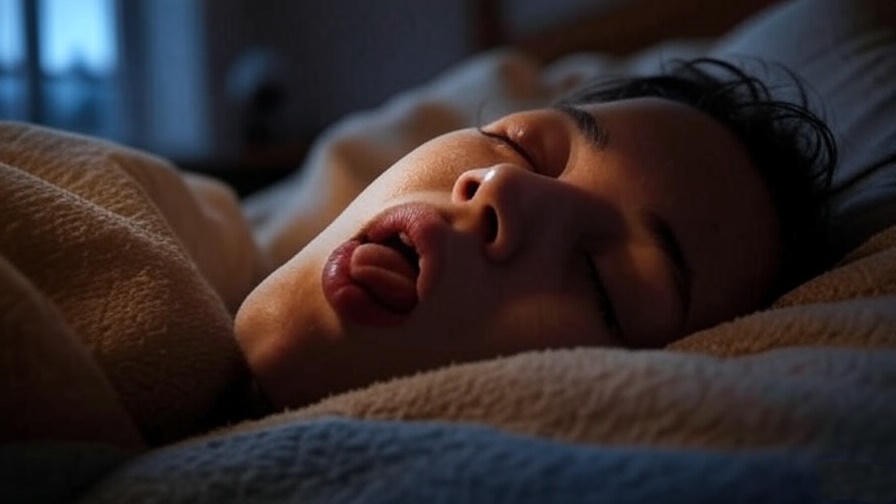 Peaceful person sleeping with a relaxed tongue in a cozy bedroom at night.