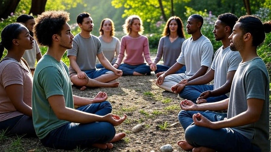 Diverse group practicing naked meditation in a natural outdoor circle