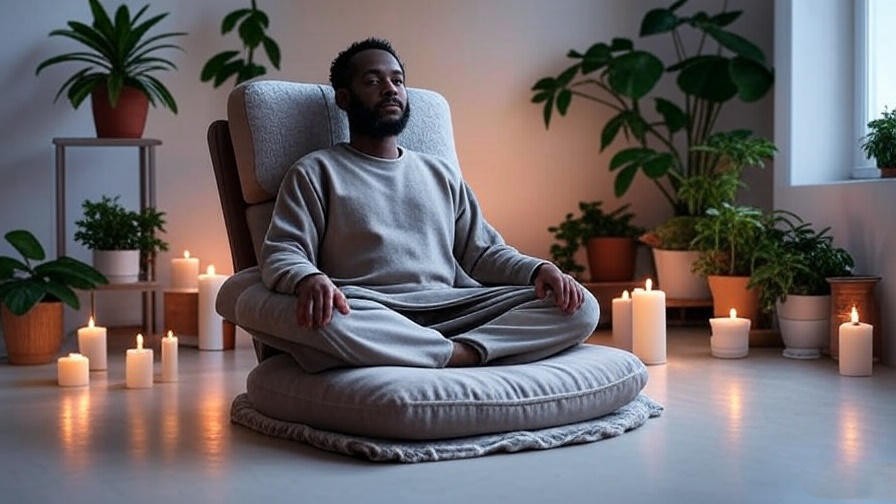 Cozy meditation corner with cushioned chair and candles for relaxation