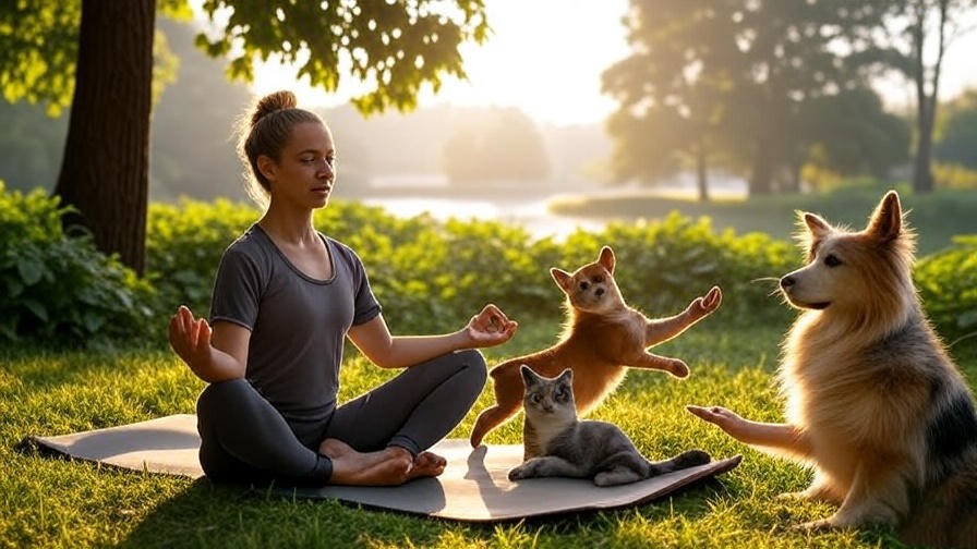 Person meditating outdoors with a playful dog and calm cat mimicking poses, vibrant greenery and sunrise.