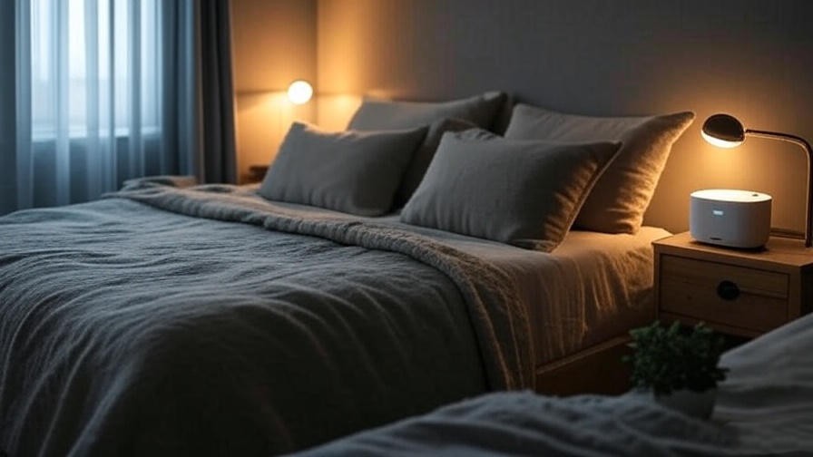 Serene co-sleeping bedroom with warm lighting and white noise machine for a restful sleep environment.
