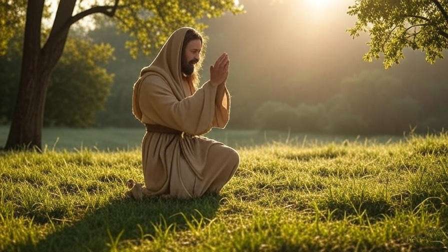 Person in ancient robes praying in a serene wilderness at dawn, symbolizing Jesus' solitude.