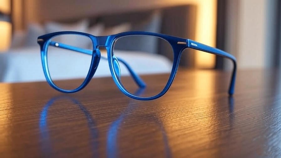 Close-up of Dream Himax K2617 glasses on a wooden table in a modern bedroom, highlighting stylish design.