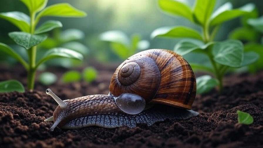 Snail with mucus seal in estivation on moist soil and leaves