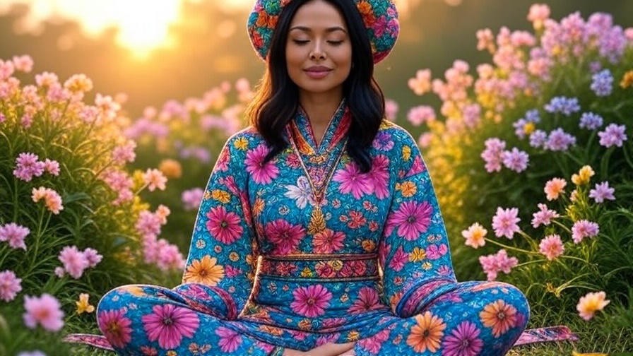 Woman meditating in gyaru-inspired outfit surrounded by flowers, symbolizing dream manifestation.