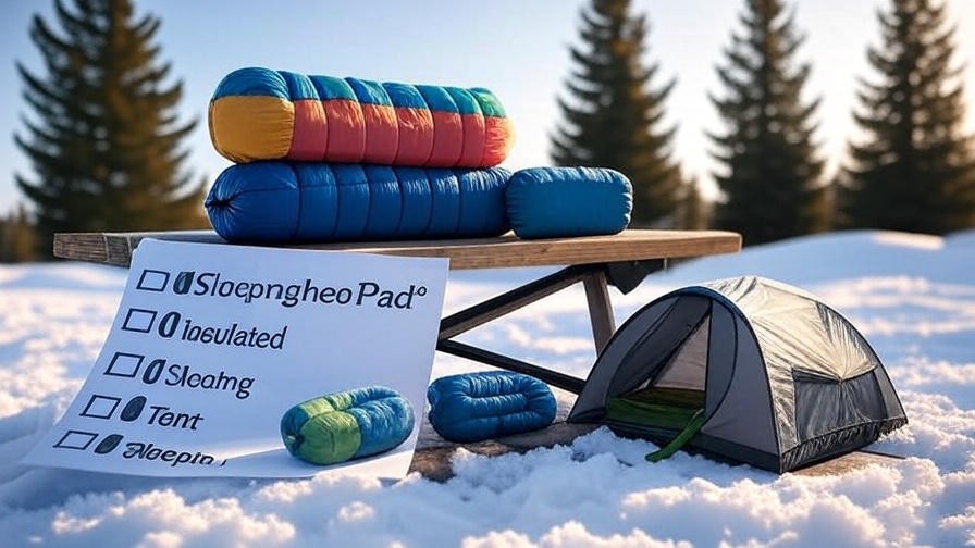 Winter camping essentials checklist in snowy outdoor setting