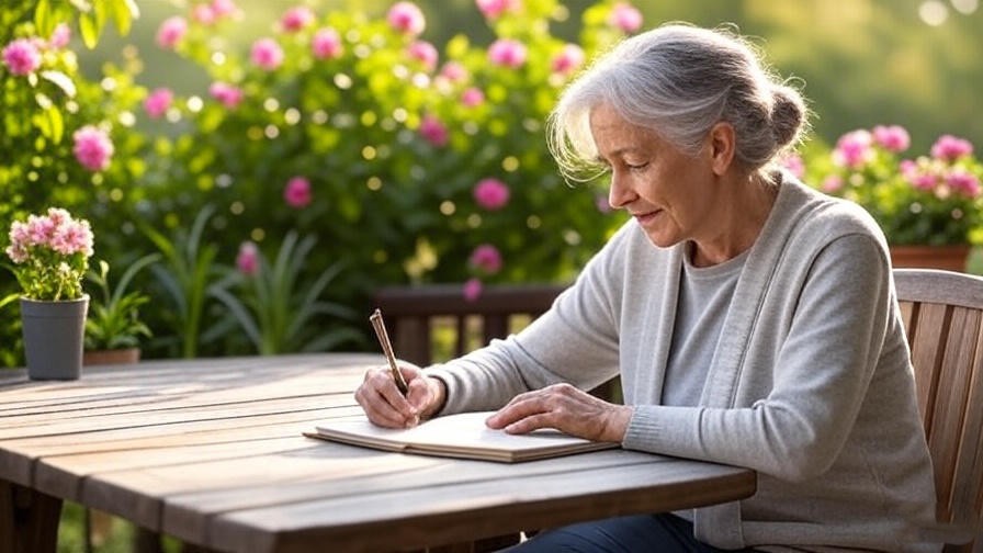 Older woman writing in a gratitude journal on a peaceful patio for her birthday.
