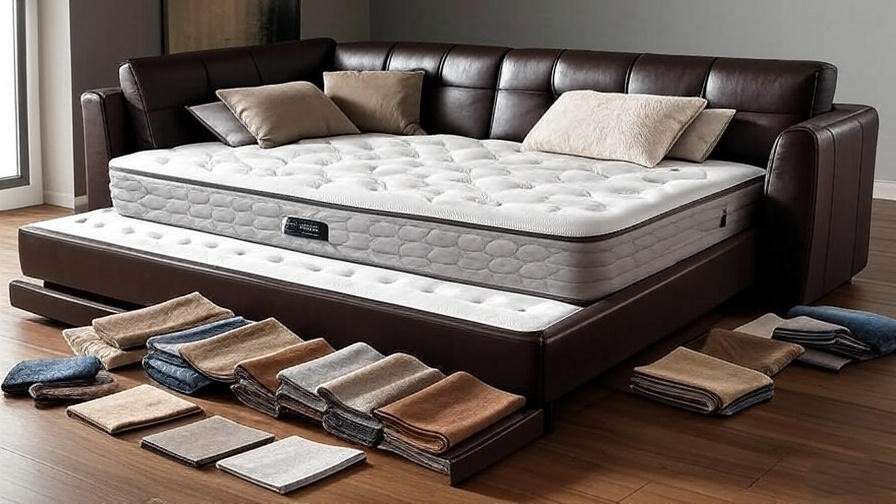 Trundle sleeper sofa with memory foam mattress and upholstery options.