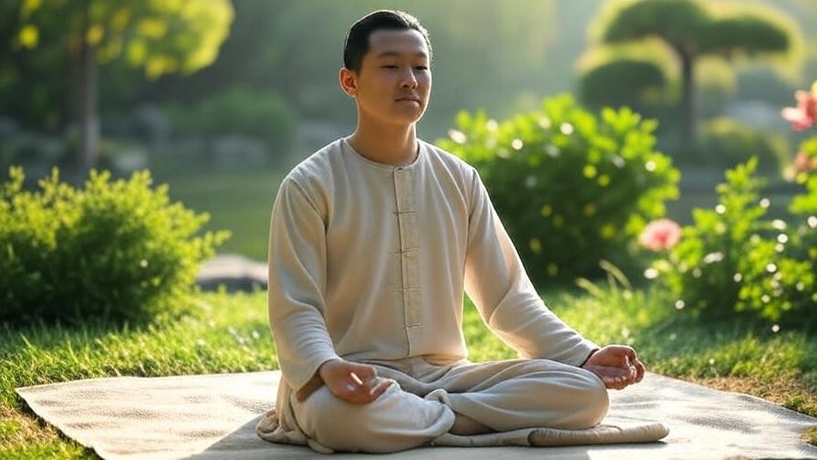 Person in half-lotus sitting meditation pose in a peaceful garden