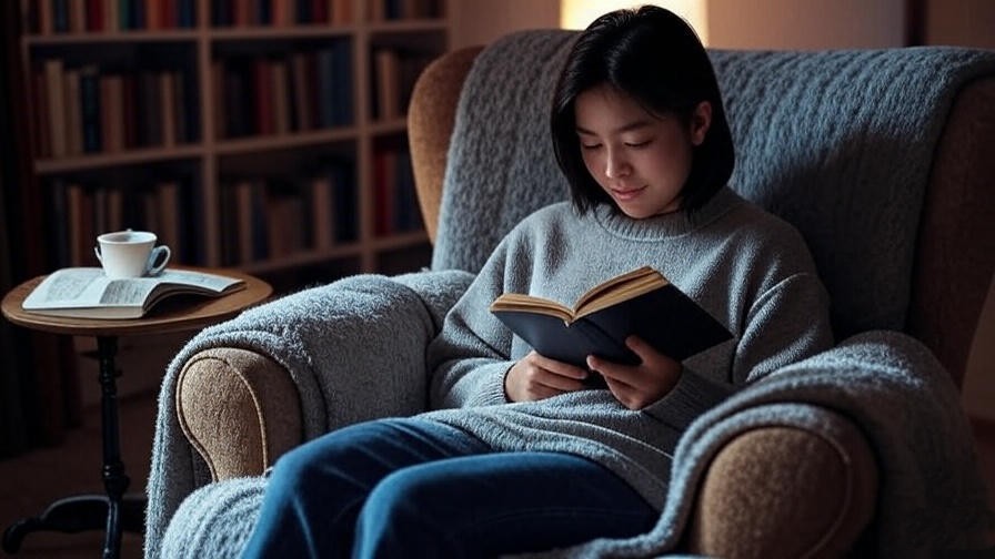 Person reading a book in a cozy chair for pre-sleep relaxation.
