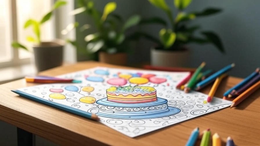 Serene workspace with a happy birthday coloring page, cake, balloons, and colored pencils.