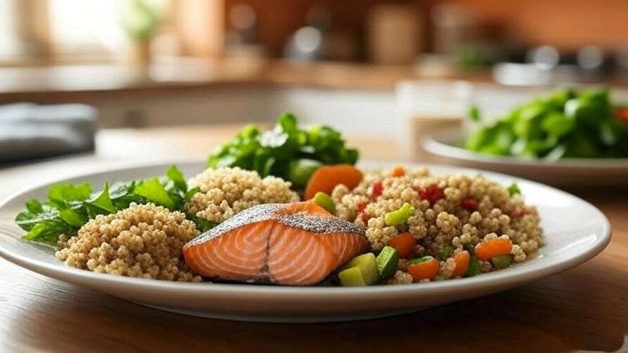 Plate of healthy sleep-friendly foods like salmon, quinoa, and steamed vegetables on a dining table.