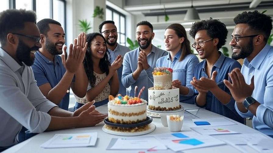 Team celebrating a work anniversary with a cake, perfect for happy work anniversary memes. 