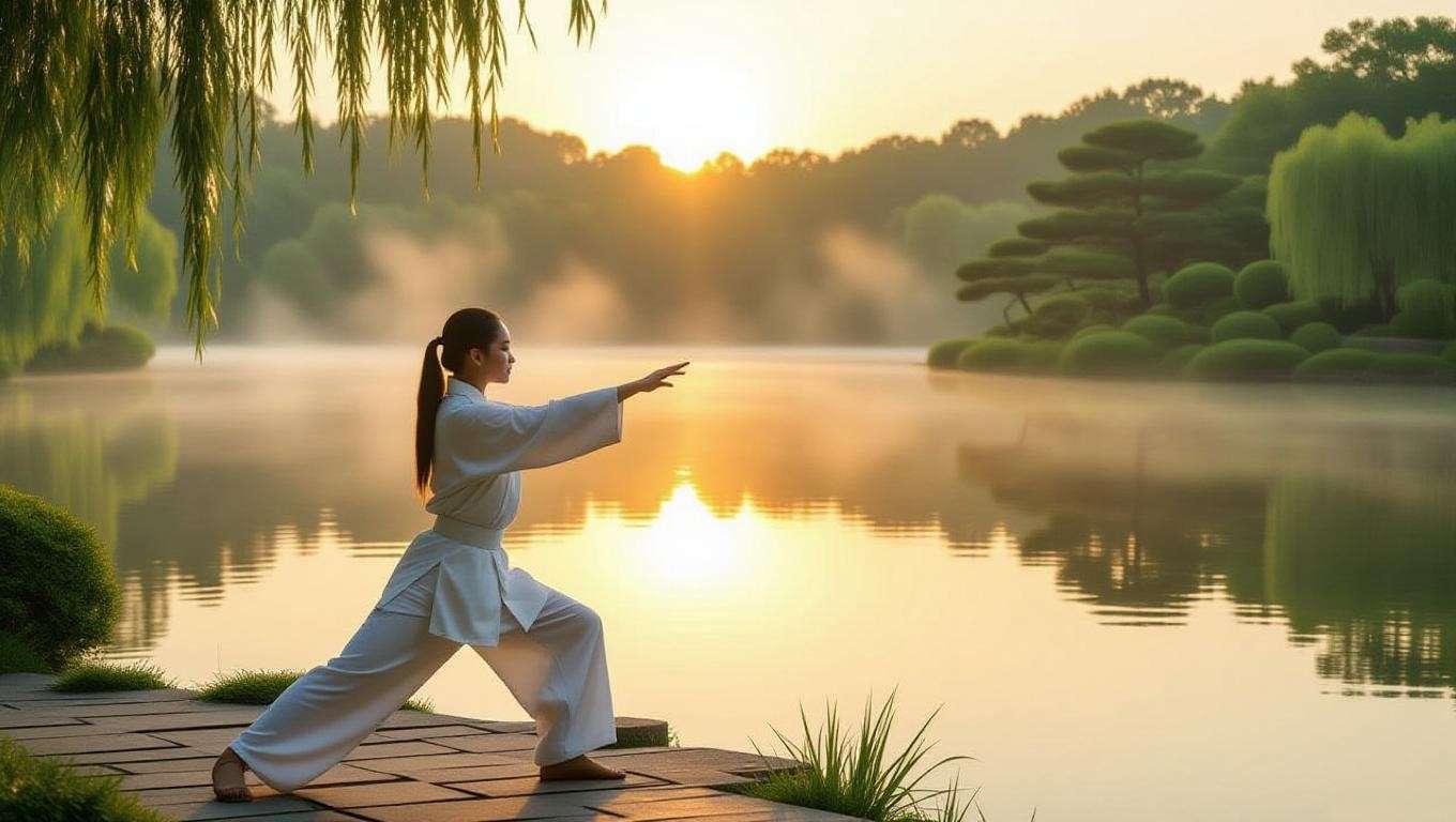 Person practicing Tai Chi by a serene lake at sunrise for martial arts meditation