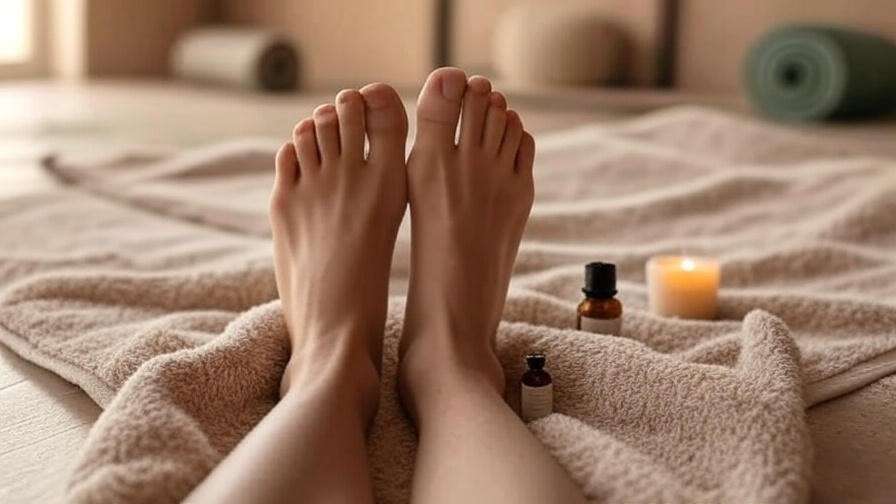 Holistic setup with feet on towel, essential oils, yoga mat, and candle for reflexology.