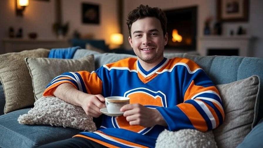 Cozy living room with person in Happy Gilmore jersey, smiling, holding tea, promoting emotional well-being.