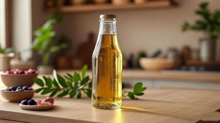 Golden Neuro Sleep Drink bottle with superfruits on a wooden table in a cozy kitchen setting