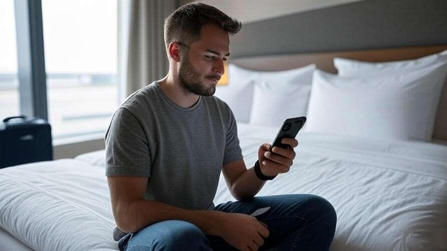 Traveler using travel apps on smartphone in a hotel room near Logan Airport.
