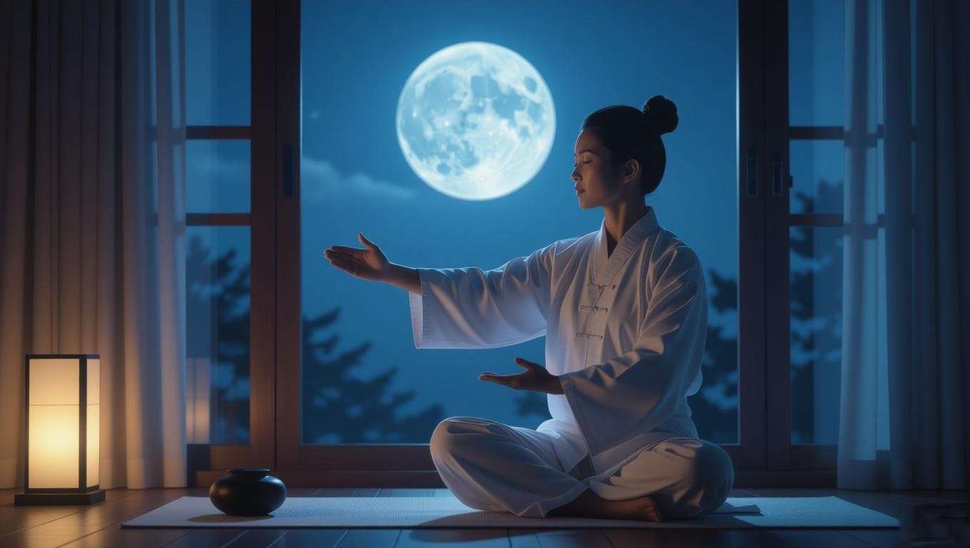Person practicing Qigong at night for sleep with moonlight