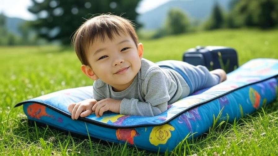 Child resting on a portable childrens sleeping mat during travel with suitcase.