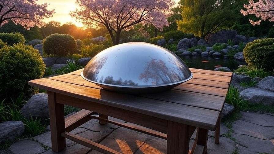 Steel tongue drum on wooden table in serene garden at sunset with cherry blossoms.