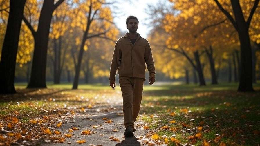 Person walking mindfully in a park with autumn leaves, showcasing Portland Insight Meditation daily practice.