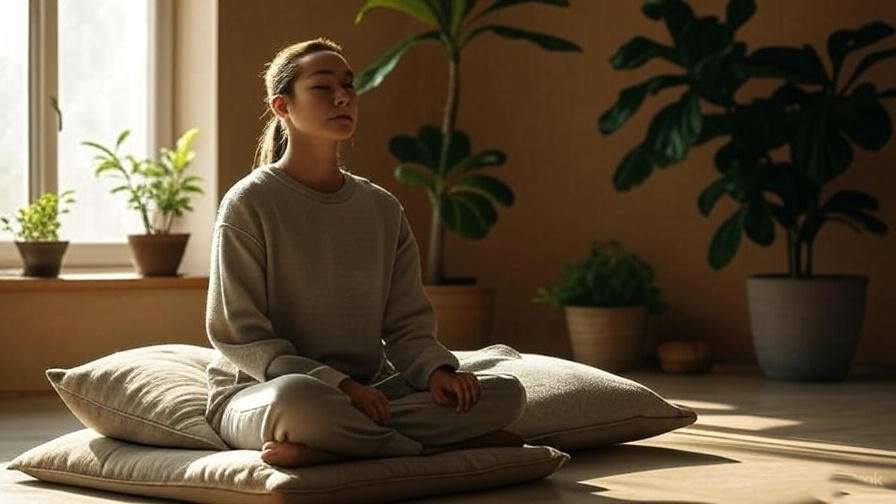 Person practicing mindfulness for shoulder pain relief in tranquil room.