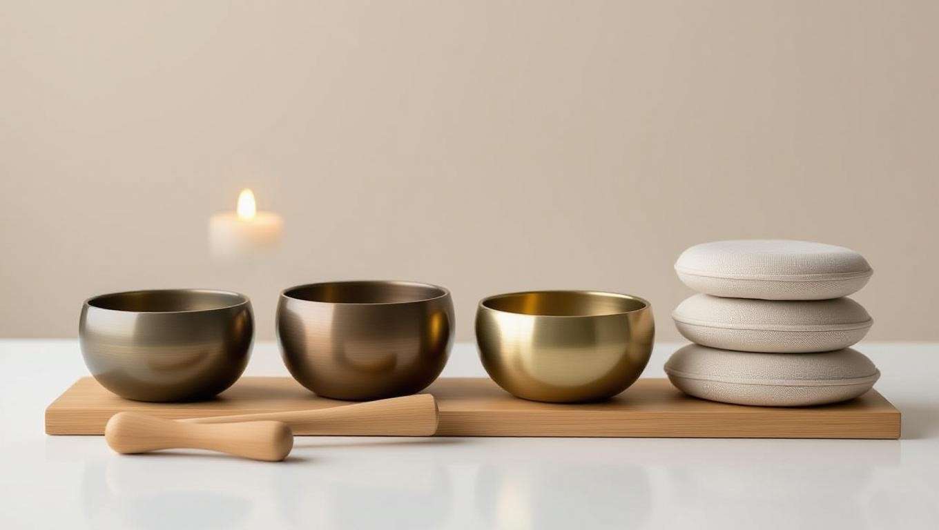 Comparison of beginner and advanced meditation bowl sets with mallets and cushions.