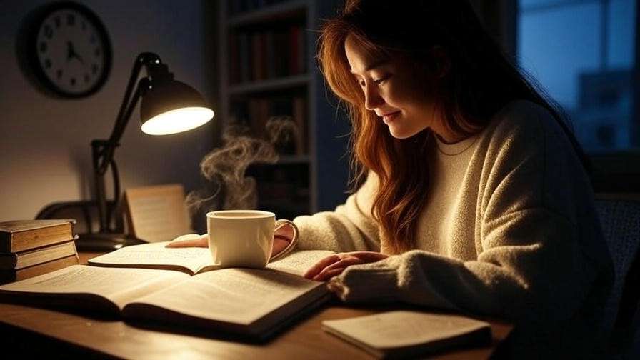 Evening routine with journaling, herbal tea, and warm lighting for better sleep.
