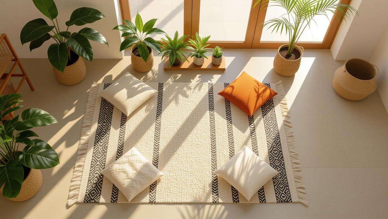 Top-down view of recommended meditation rugs in a well-lit room.
