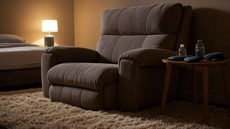 Cozy sleep recliner setup with dim lighting and side table for optimal rest.
