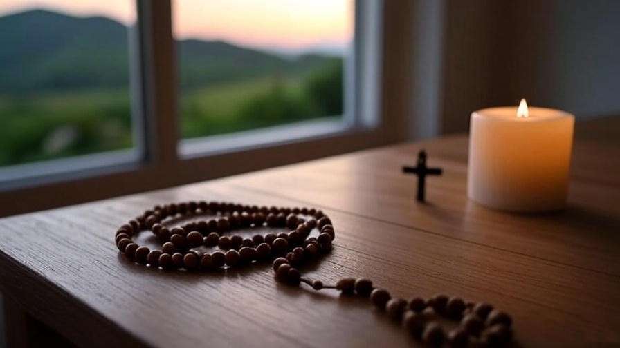 Serene meditation space with Rosary beads, candle, and cross by a window with dusk landscape