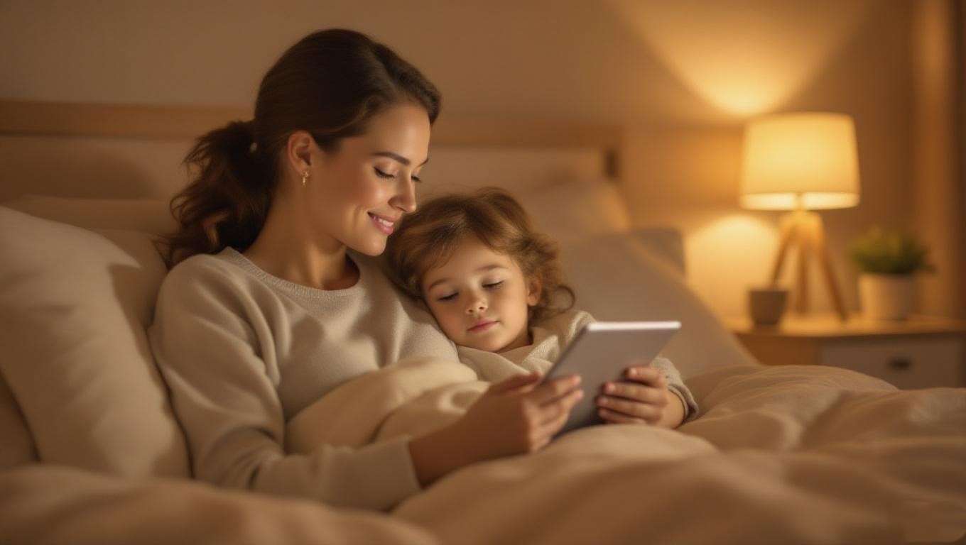Parent completing sleep apnea quiz for child on tablet in bedroom