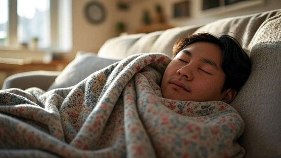 Person napping on a cozy couch with a midday clock, representing willpower recharge.