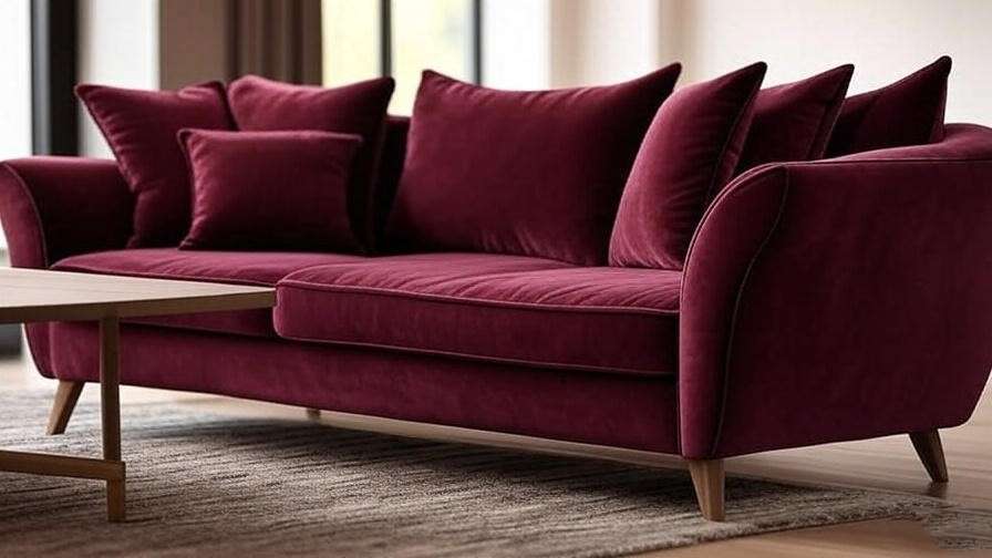  Luxurious burgundy velvet sleeper sofa in a modern living room with plush cushions and warm lighting. 