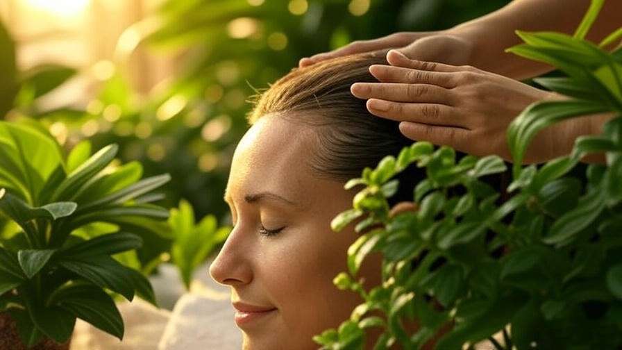 Hands massaging scalp with natural oils for relaxation and sleep wellness.
