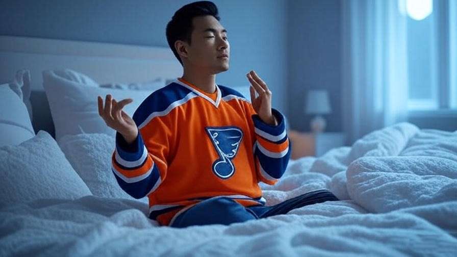 Person in Happy Gilmore jersey practicing mindfulness on bed, promoting sleep and relaxation.