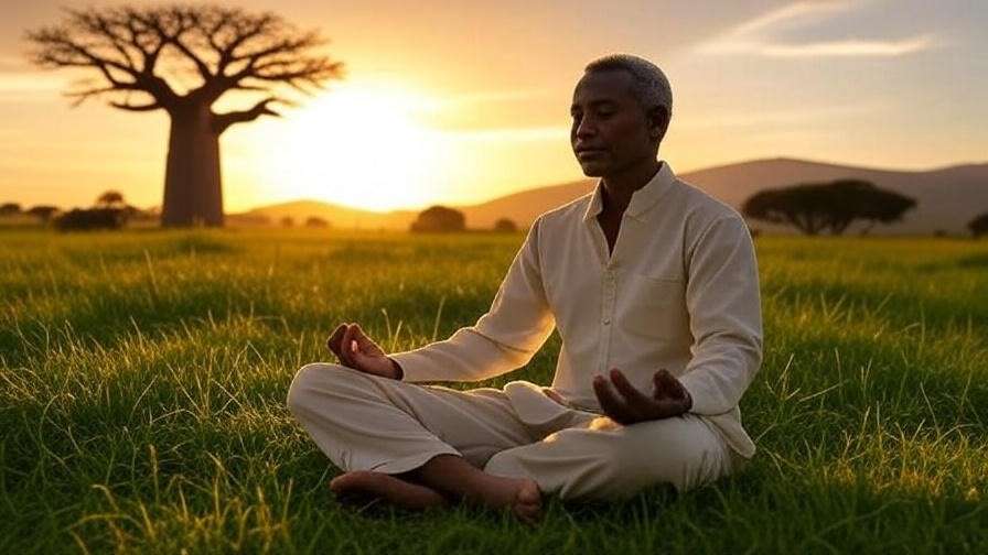Person meditating barefoot on grass with baobab tree at sunset, grounding exercise in savanna.