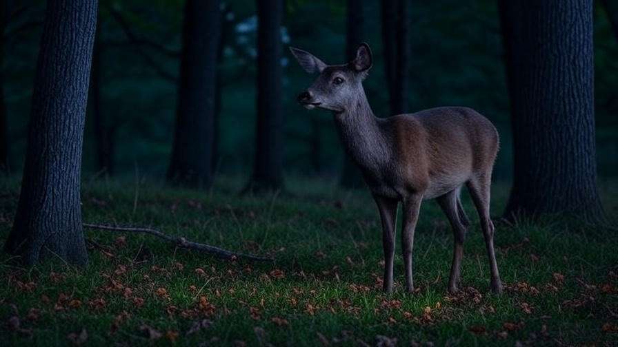 A deer standing alert near its grass bed in a twilight forest, highlighting environmental adaptability