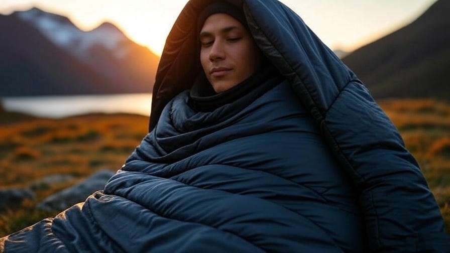 Person meditating in a sleeping bag coat at sunrise in mountains.