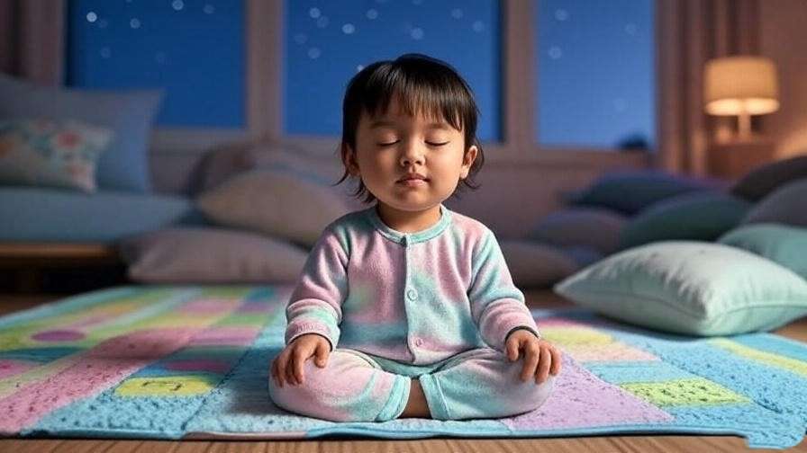 Child meditating on a childrens sleeping mat under a starry night sky.