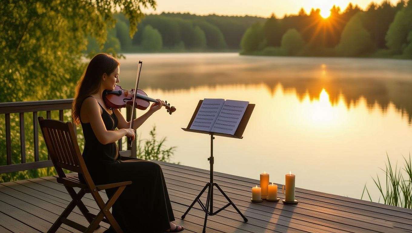 Violinist practicing Meditation by Thaïs sheet music at dawn by a lake with candles and nature.