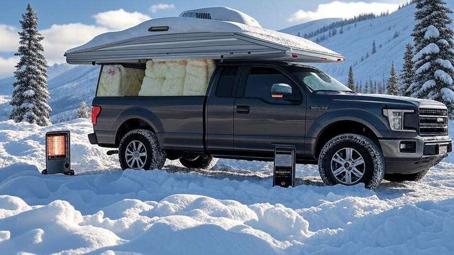 Ford F150 sleeper with camper shell and insulation in a snowy mountain setting.