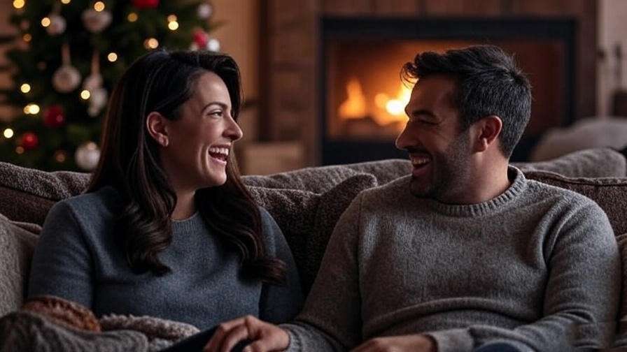 Festive holiday scene with a couple laughing by a Christmas tree and fireplace.