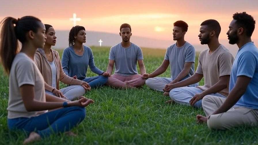 Group meditating outdoors at sunset with a glowing cross, reflecting misterios luminosos meditados community.