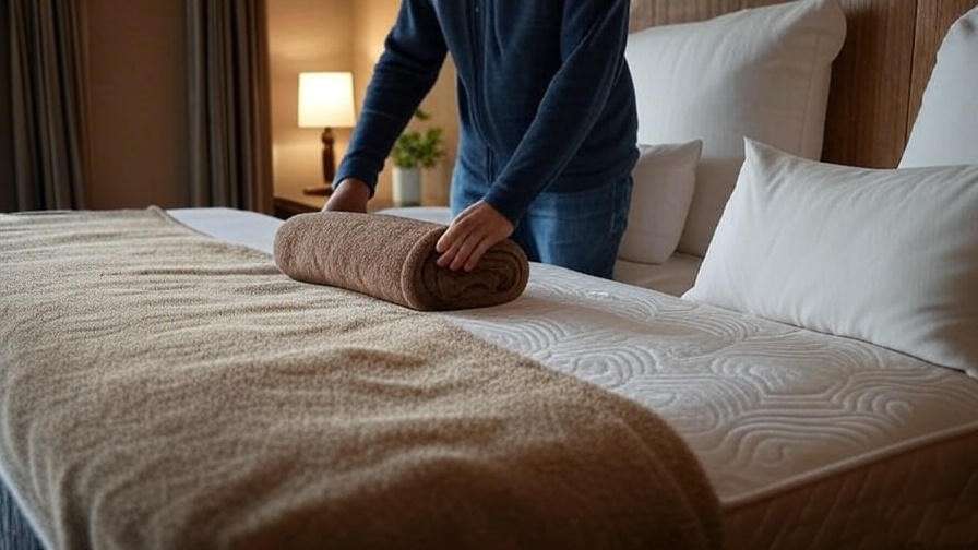 Traveler adjusting towel under bed for comfort at Sleep Woodstock Motel.